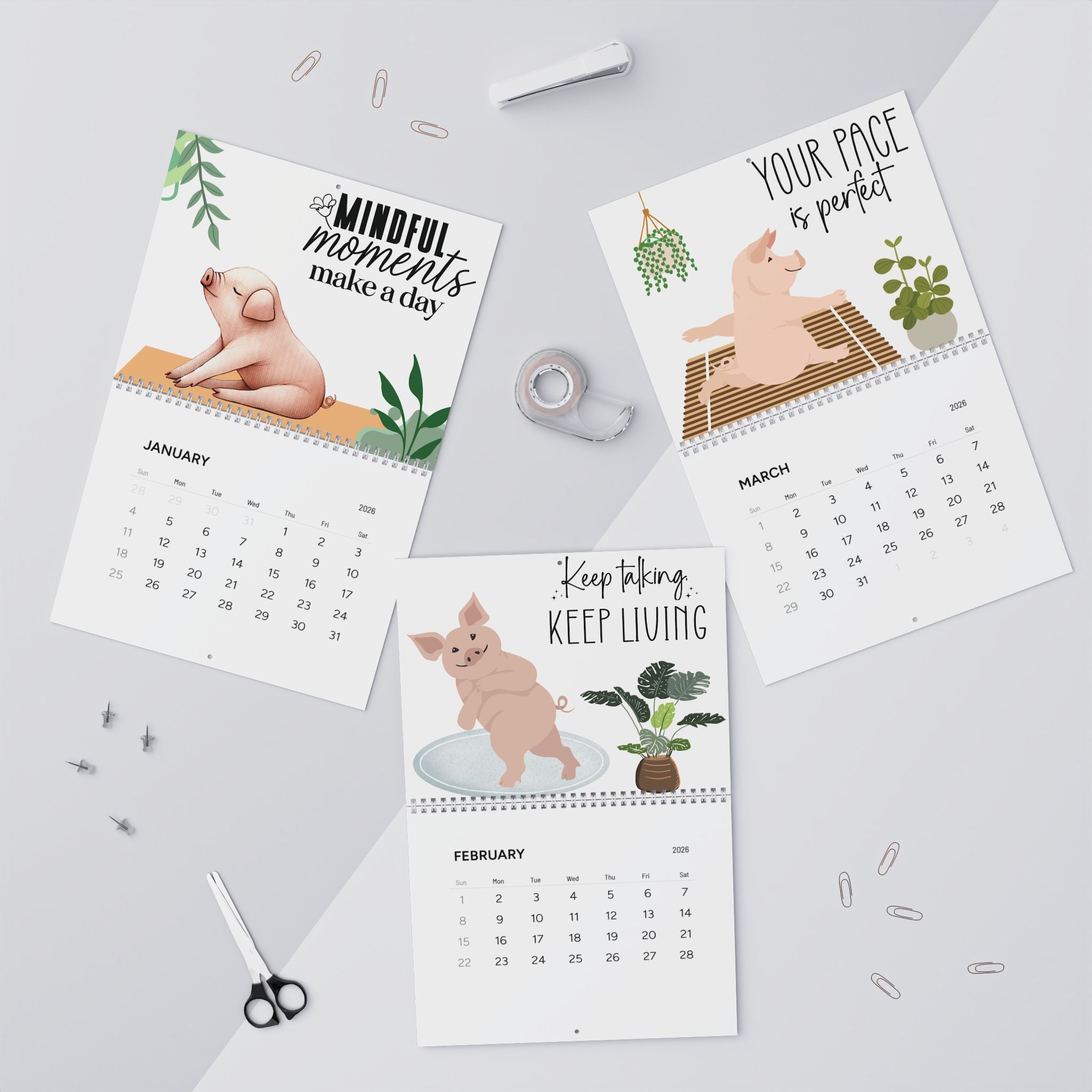 Pig Yoga Calendar 2026 - Beige