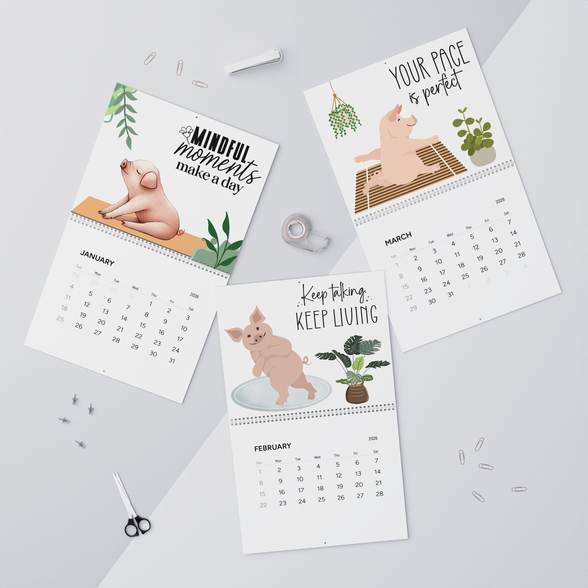 Pig Yoga Calendar 2026 - Beige
